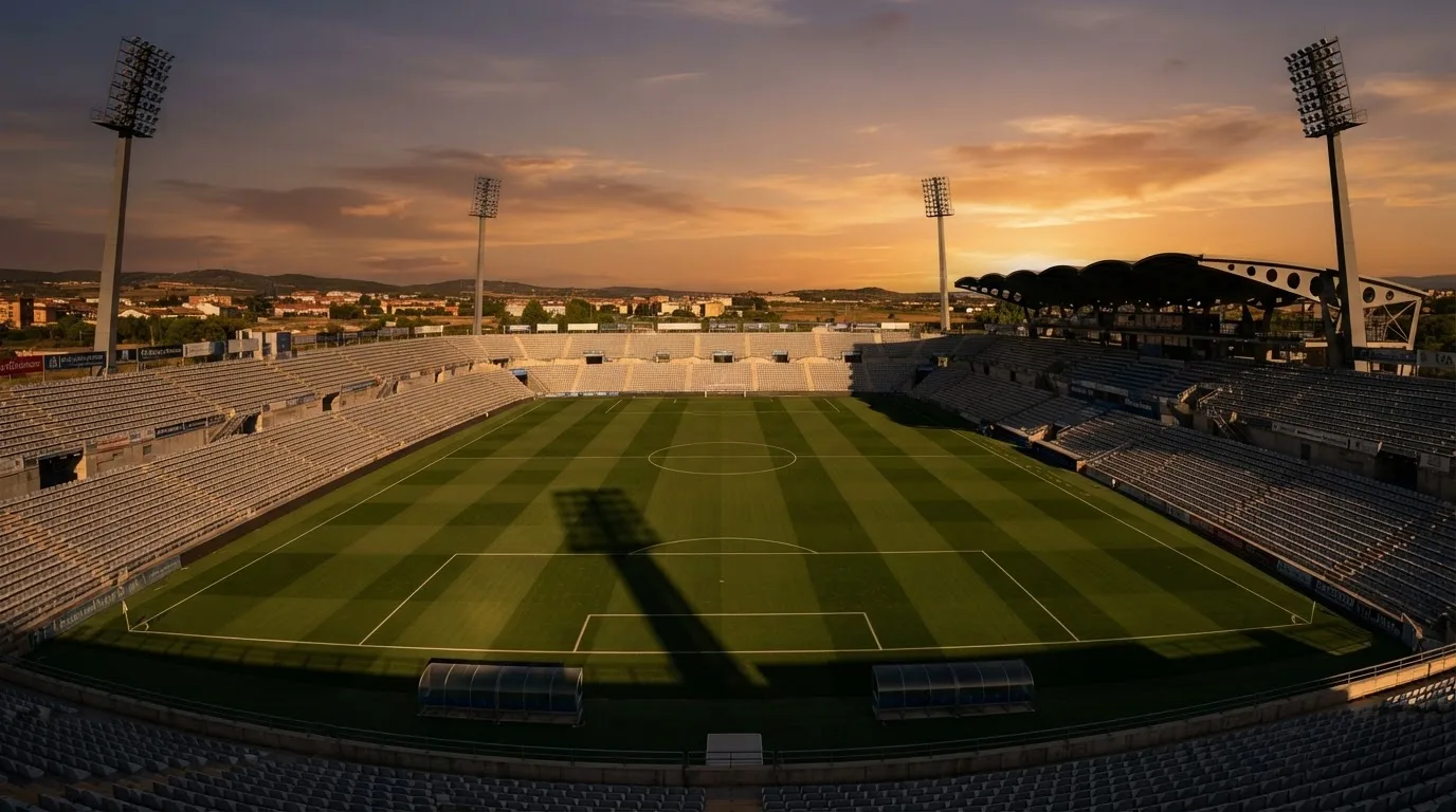Un estadio de fútbol vacío con torres de iluminación al atardecer