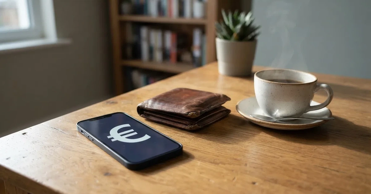 Un móvil sobre una mesa de madera junto a una cartera y una taza de café
