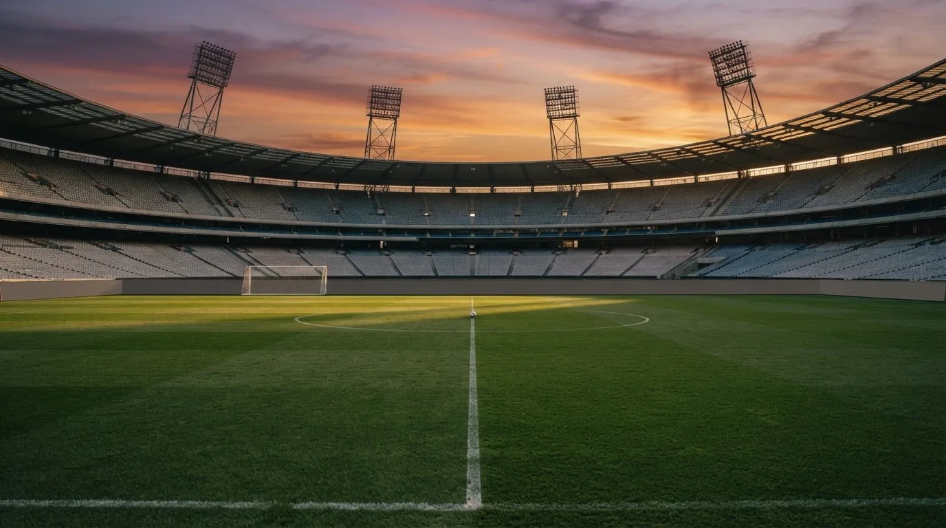 Un estadio de fútbol vacío con torres de iluminación al atardecer