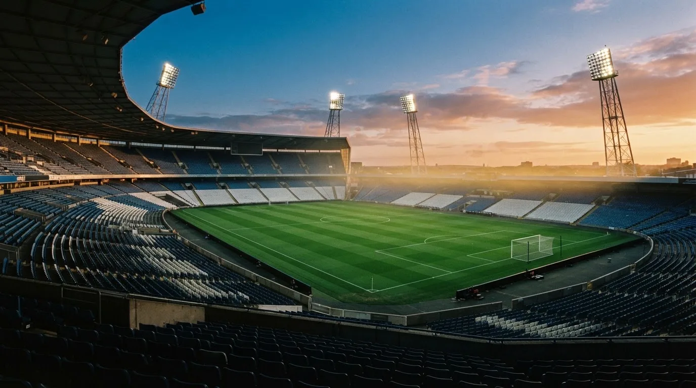Un estadio de fútbol vacío con torres de iluminación al atardecer