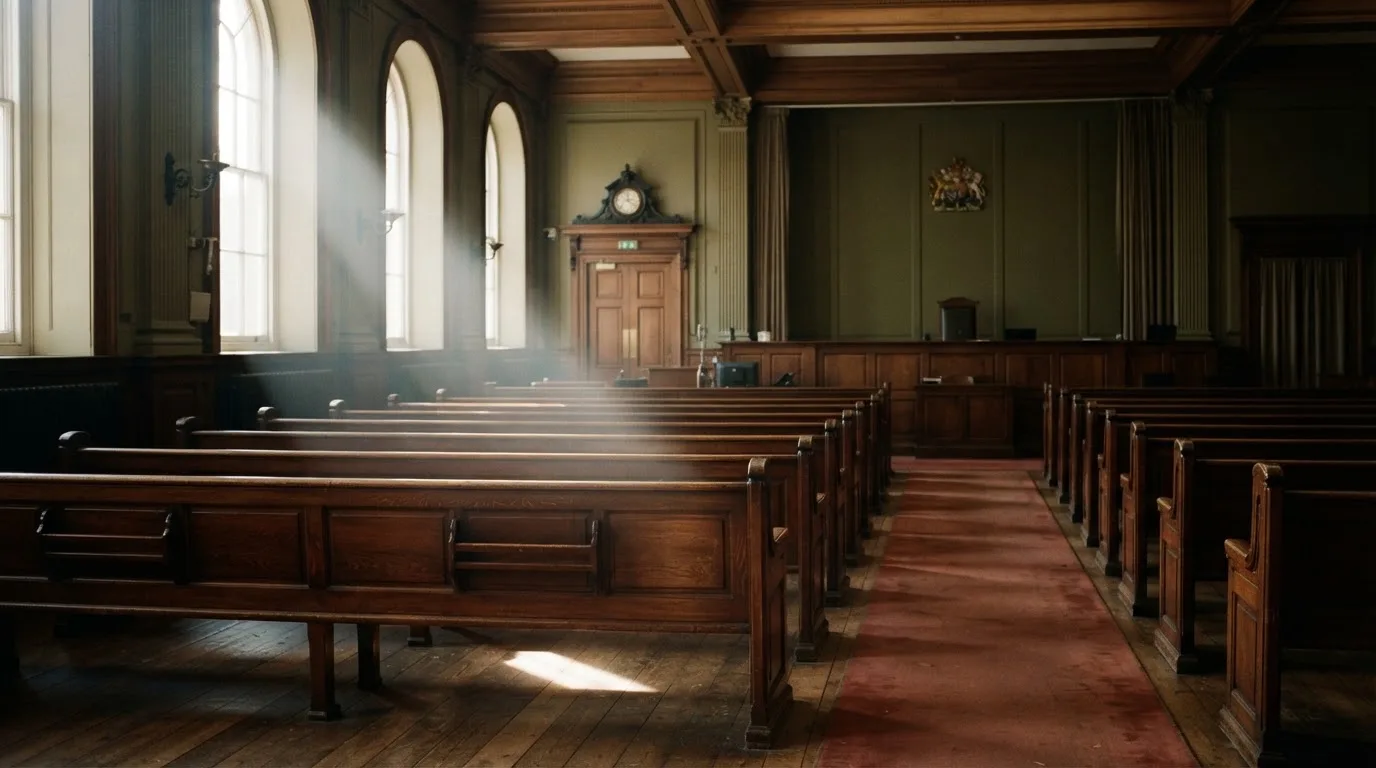 Una sala de tribunal vacía con bancos de madera a la luz de la mañana