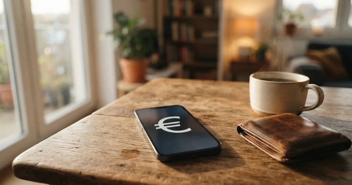 Un móvil sobre una mesa de madera junto a una cartera y una taza de café