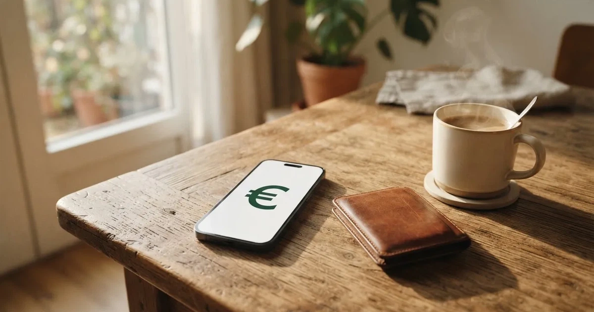 Un móvil sobre una mesa de madera junto a una cartera y una taza de café