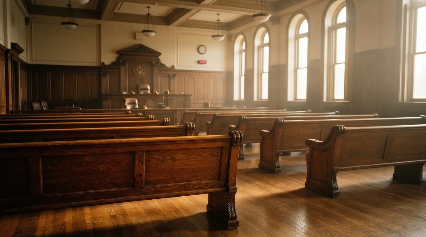 Una sala de tribunal vacía con bancos de madera a la luz de la mañana