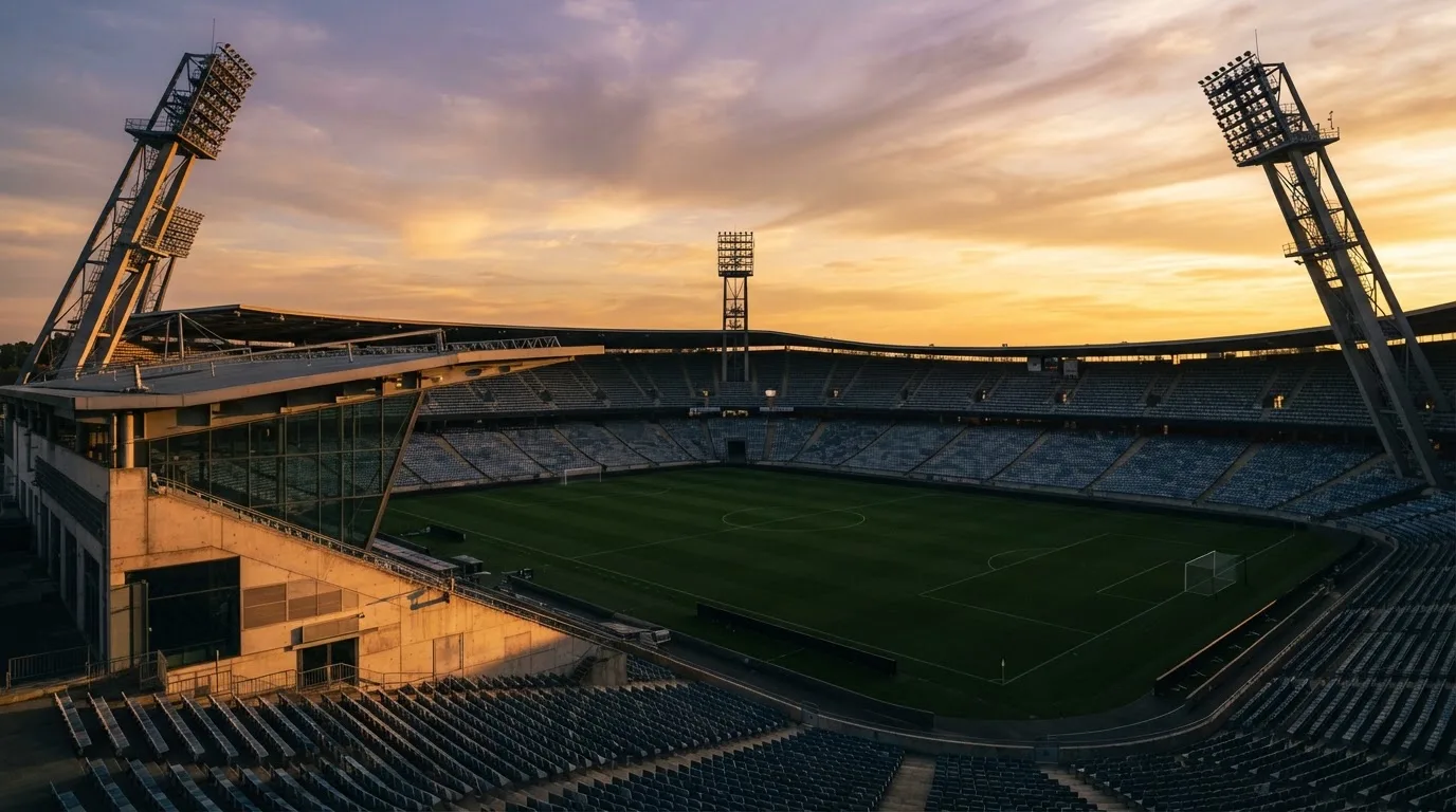 Un estadio de fútbol vacío con torres de iluminación al atardecer