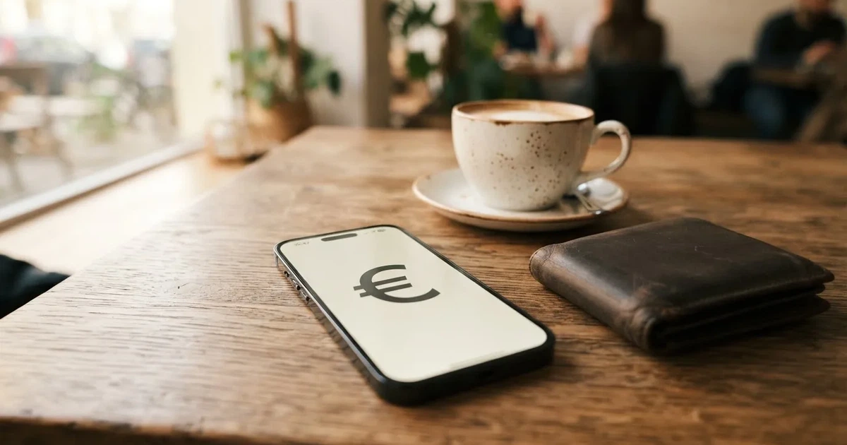 Un móvil sobre una mesa de madera junto a una cartera y una taza de café