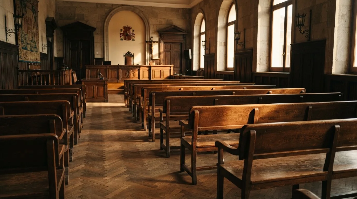Una sala de tribunal vacía con bancos de madera a la luz de la mañana