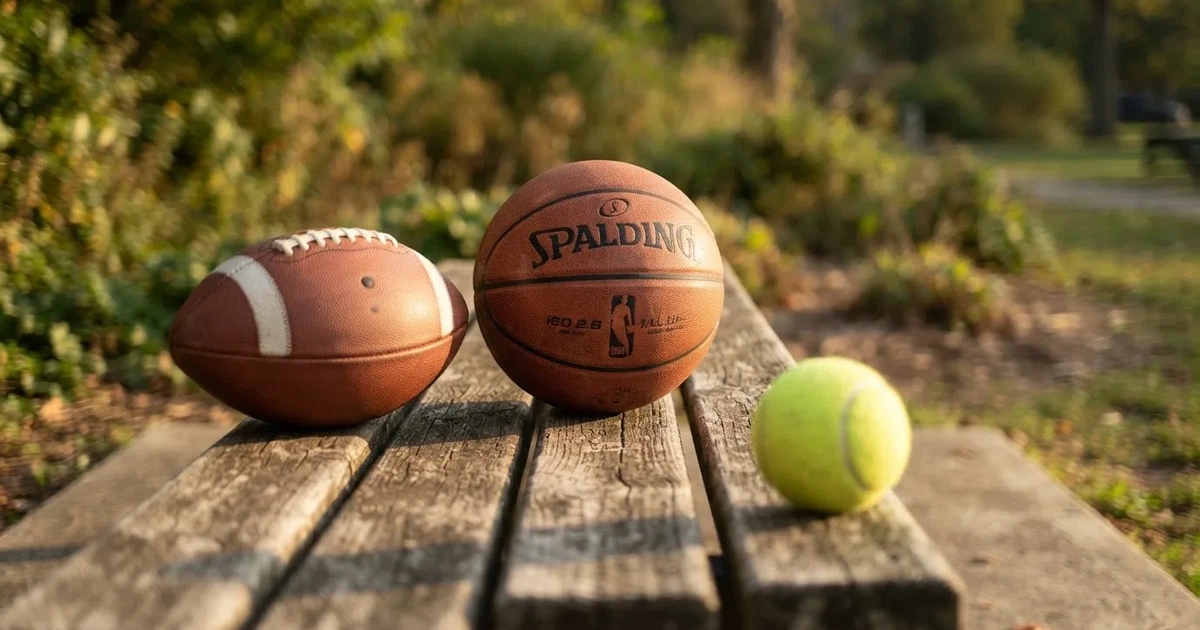 Tres balones de distintos tipos, uno junto a otro, sobre un banco de madera