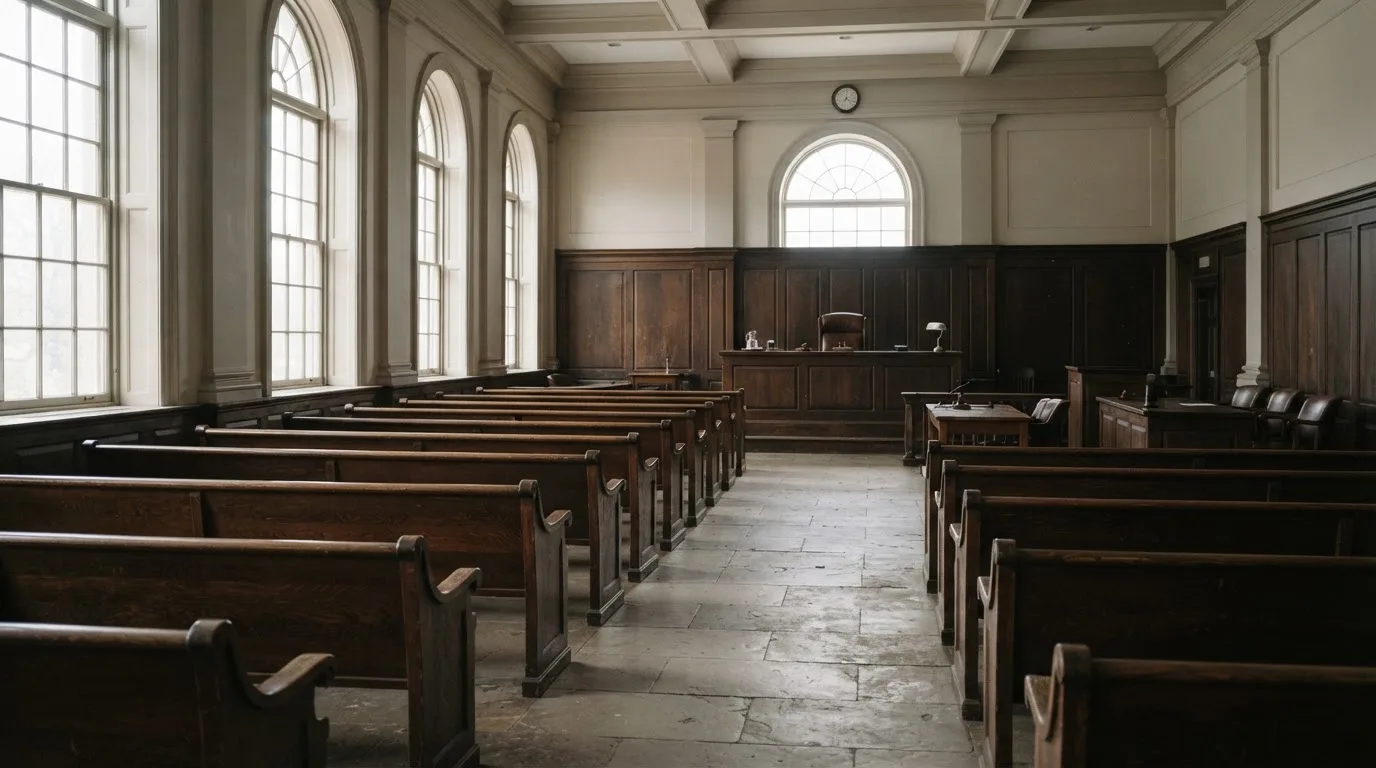 Una sala de tribunal vacía con bancos de madera a la luz de la mañana