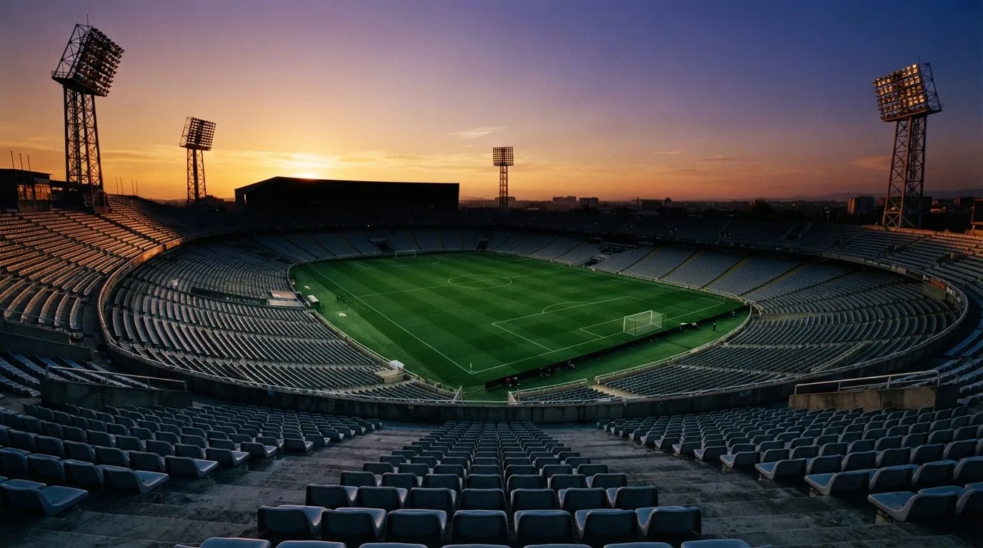 Un estadio de fútbol vacío con torres de iluminación al atardecer