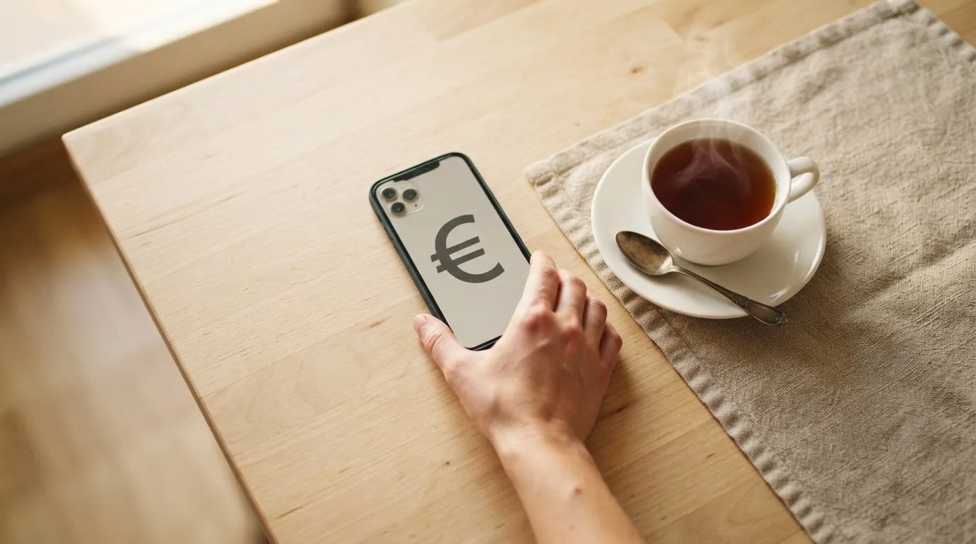 Una mano deja un móvil junto a una taza de té sobre la mesa de la cocina, una tarde tranquila