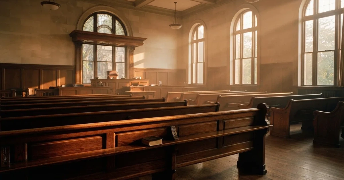 Una sala de tribunal vacía con bancos de madera a la luz de la mañana