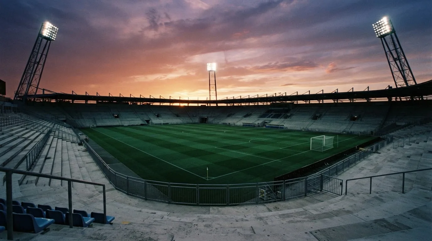 Un estadio de fútbol vacío con torres de iluminación al atardecer