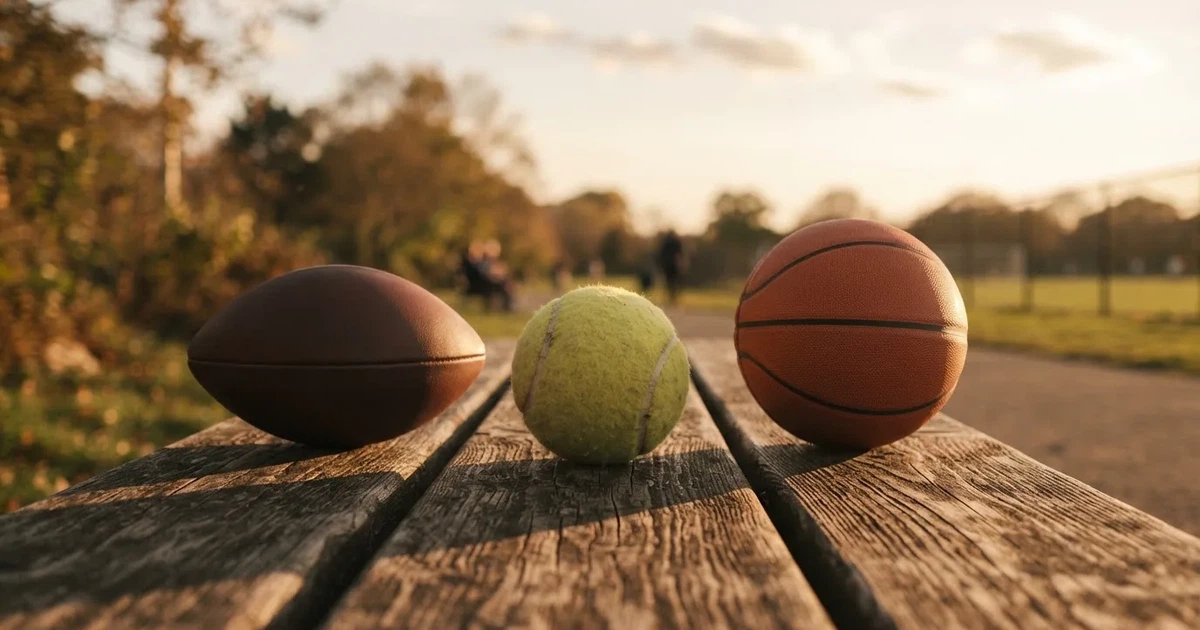 Tres balones de distintos tipos, uno junto a otro, sobre un banco de madera