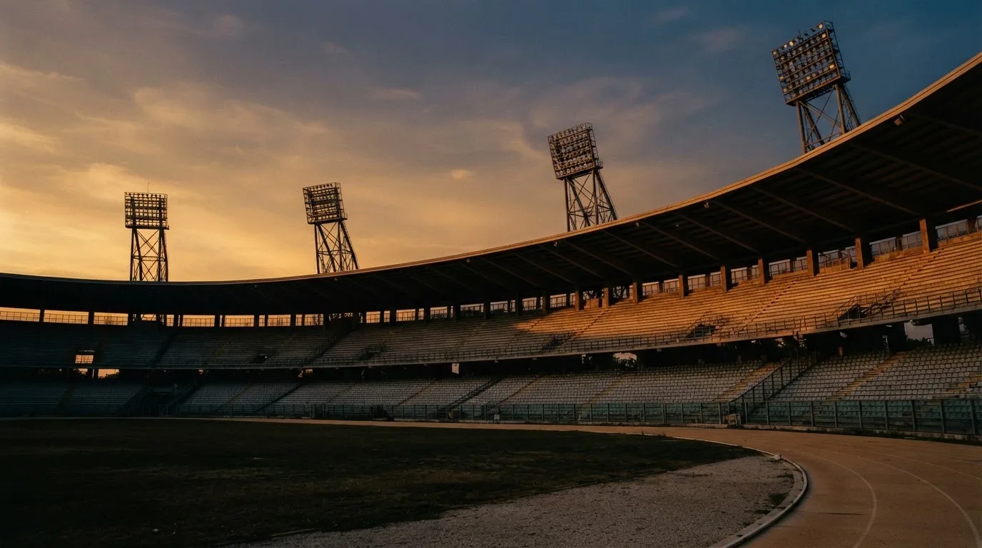Un estadio de fútbol vacío con torres de iluminación al atardecer