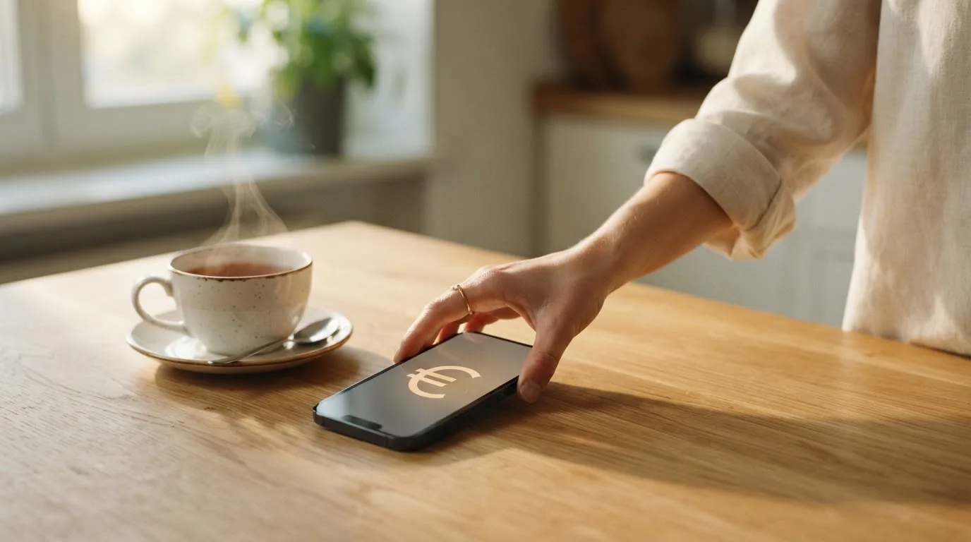 Una mano deja un móvil junto a una taza de té sobre la mesa de la cocina, una tarde tranquila