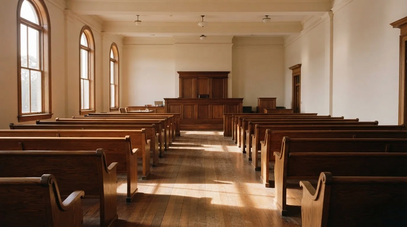 Una sala de tribunal vacía con bancos de madera a la luz de la mañana