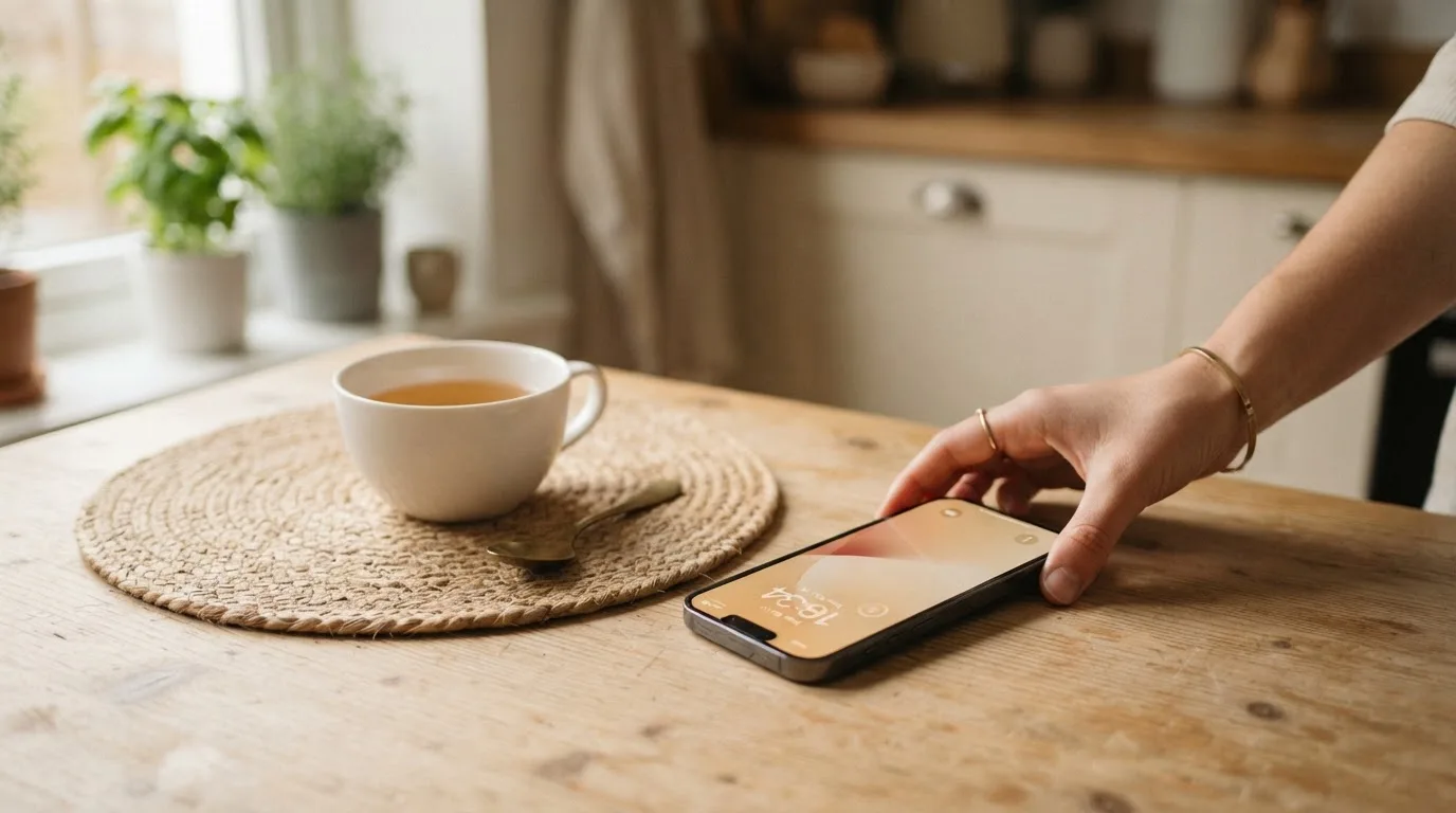 Una mano deja un móvil junto a una taza de té sobre la mesa de la cocina, una tarde tranquila
