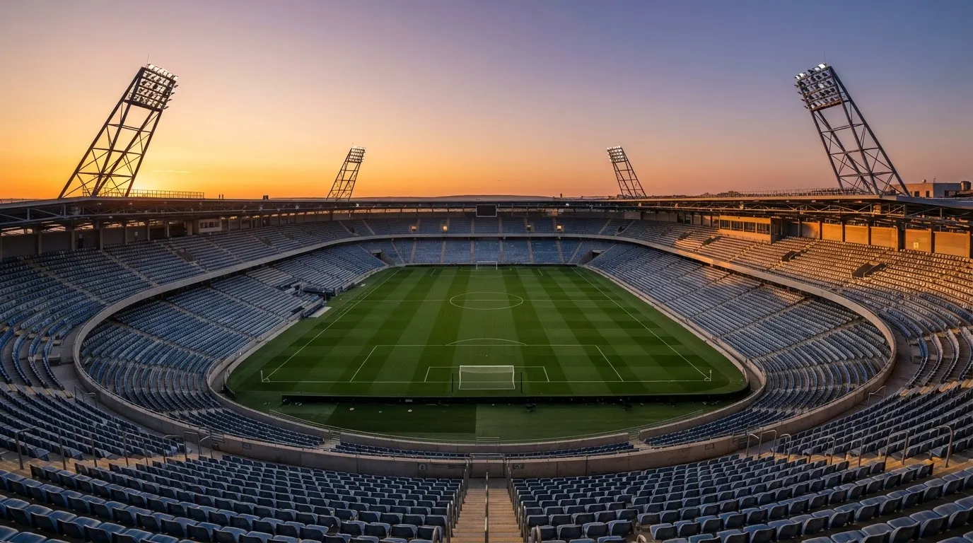Un estadio de fútbol vacío con torres de iluminación al atardecer