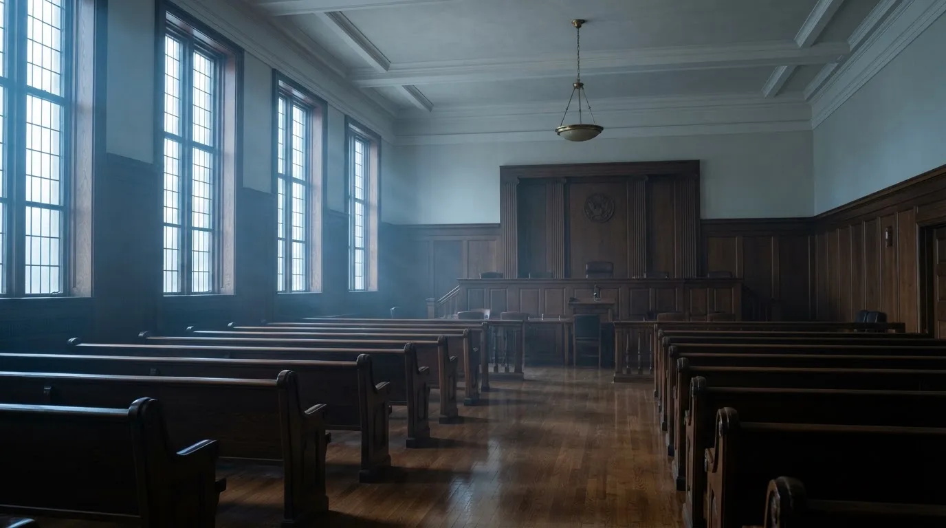 Una sala de tribunal vacía con bancos de madera a la luz de la mañana