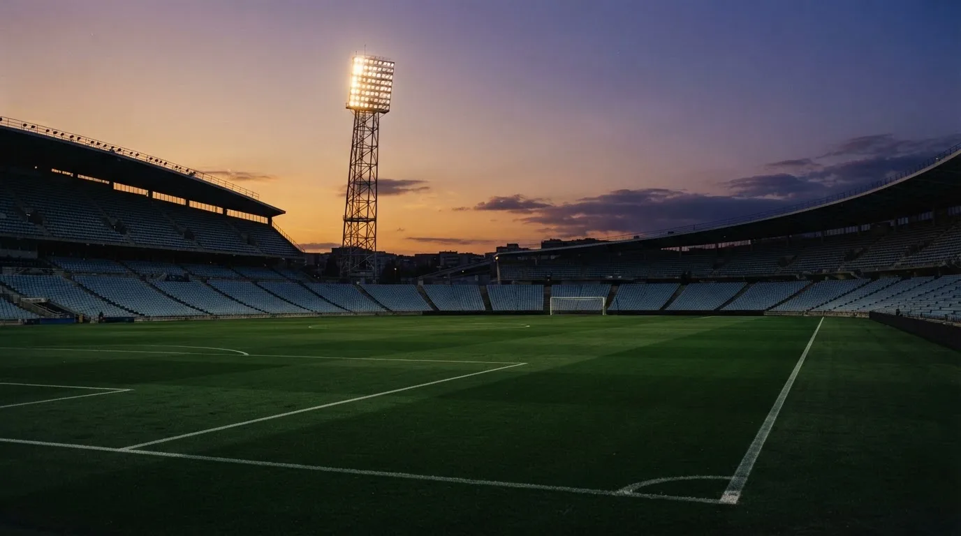 Un estadio de fútbol vacío con torres de iluminación al atardecer
