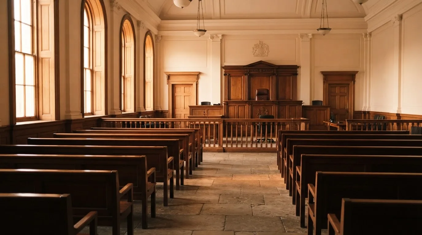 Una sala de tribunal vacía con bancos de madera a la luz de la mañana