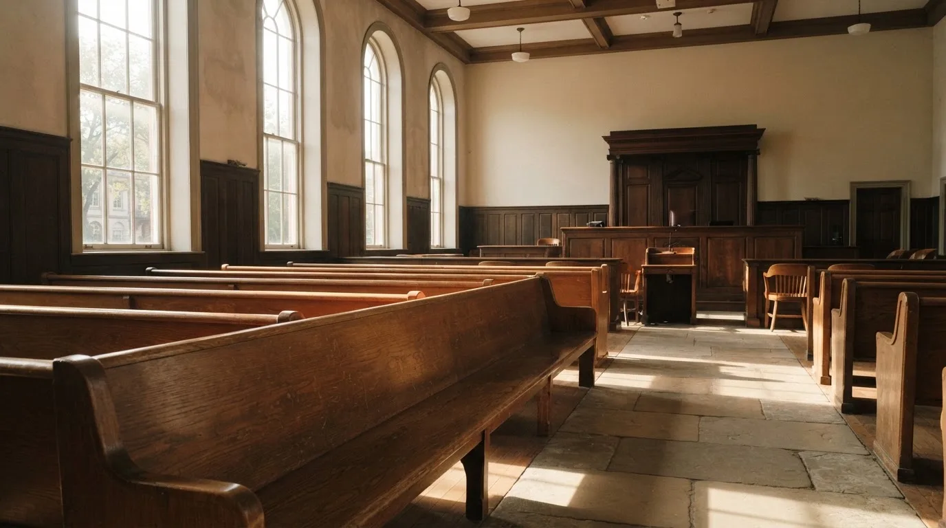 Una sala de tribunal vacía con bancos de madera a la luz de la mañana