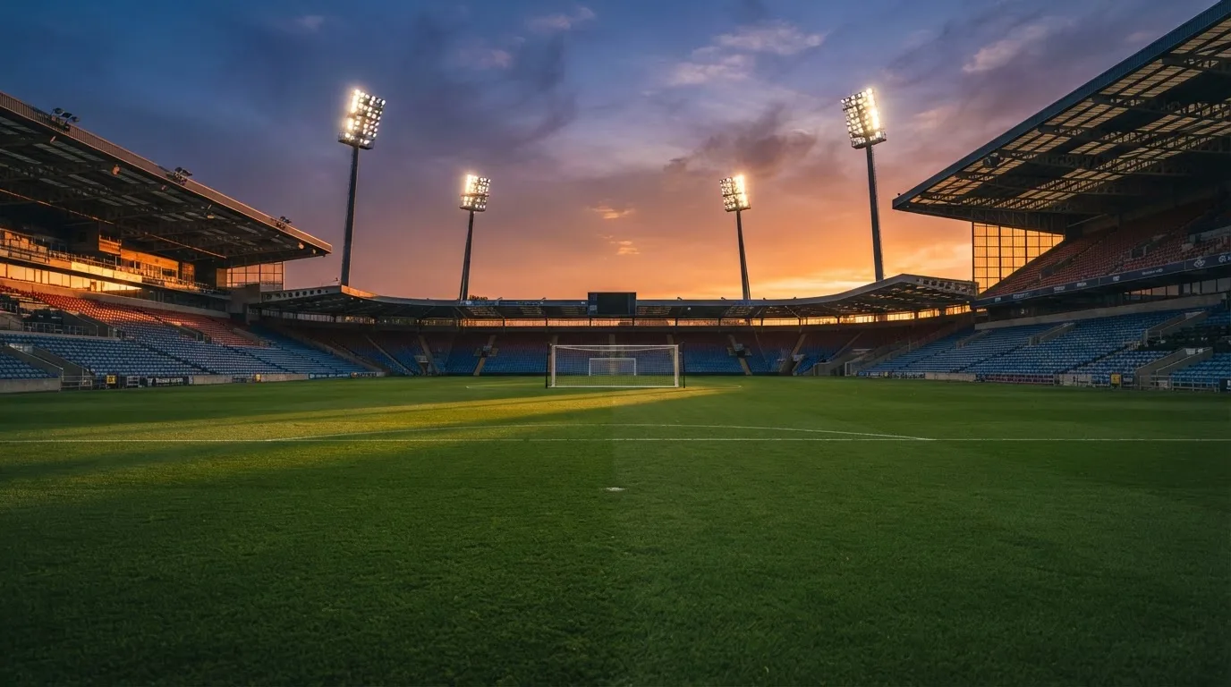 Un estadio de fútbol vacío con torres de iluminación al atardecer