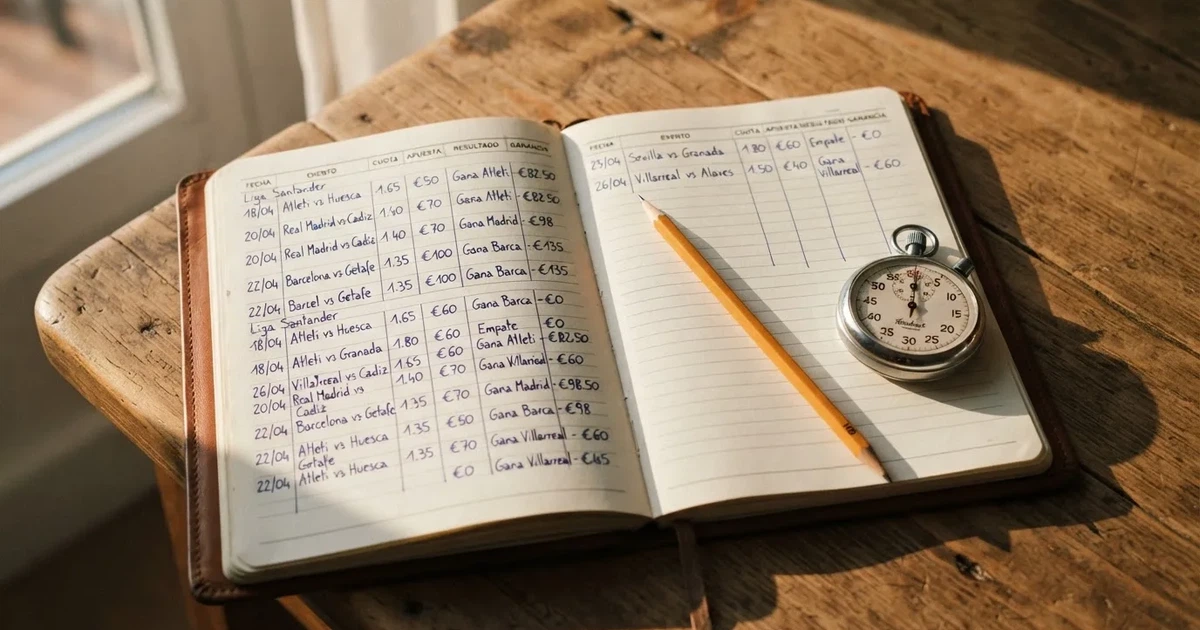 Un cuaderno abierto con un lápiz y un cronómetro sobre una mesa de madera