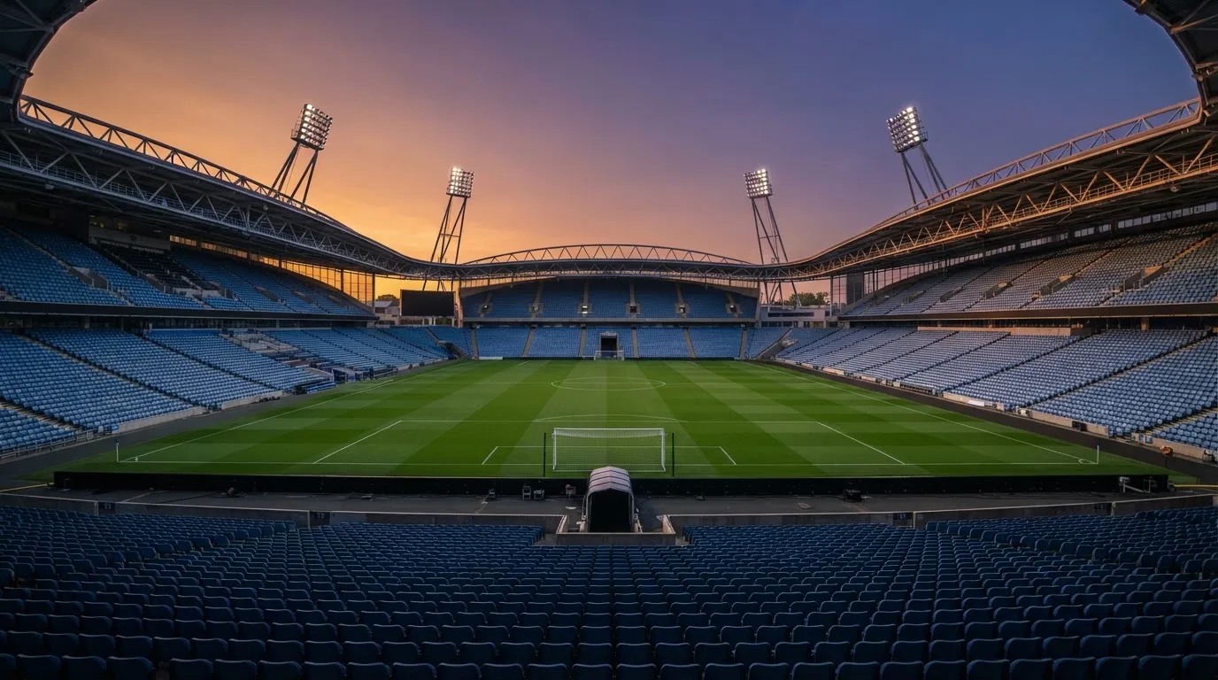 Un estadio de fútbol vacío con torres de iluminación al atardecer