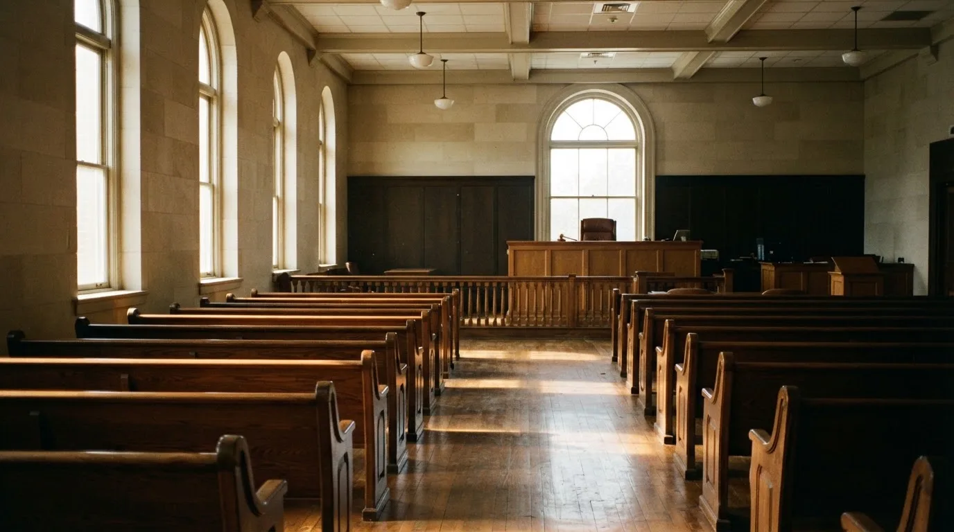 Una sala de tribunal vacía con bancos de madera a la luz de la mañana
