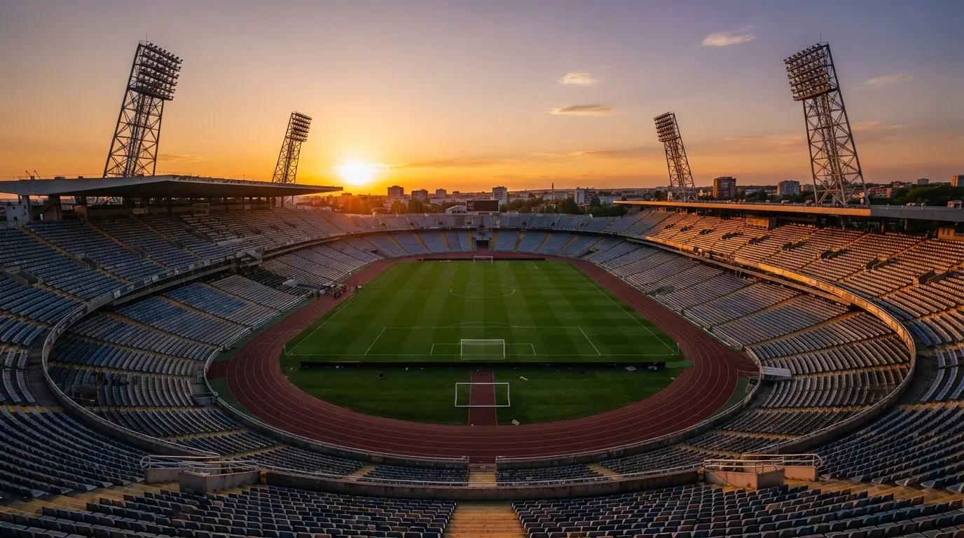 Un estadio de fútbol vacío con torres de iluminación al atardecer