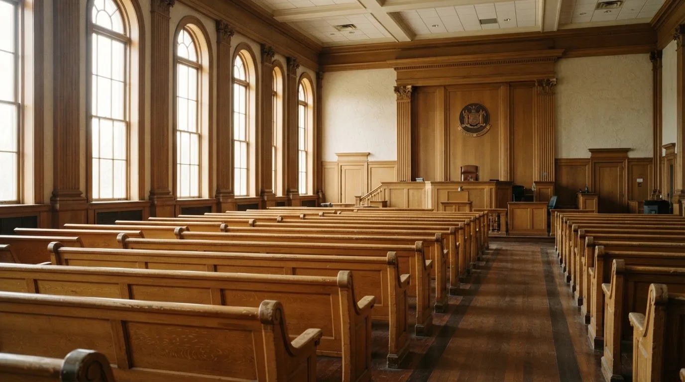 Una sala de tribunal vacía con bancos de madera a la luz de la mañana