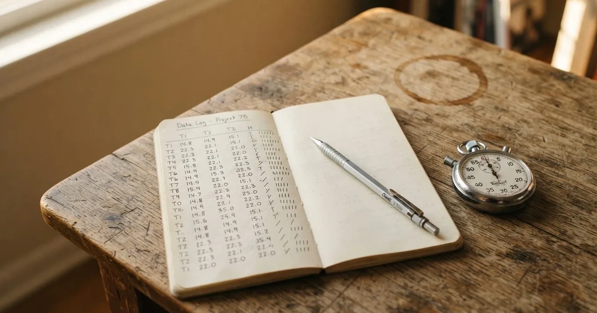 Un cuaderno abierto con un lápiz y un cronómetro sobre una mesa de madera