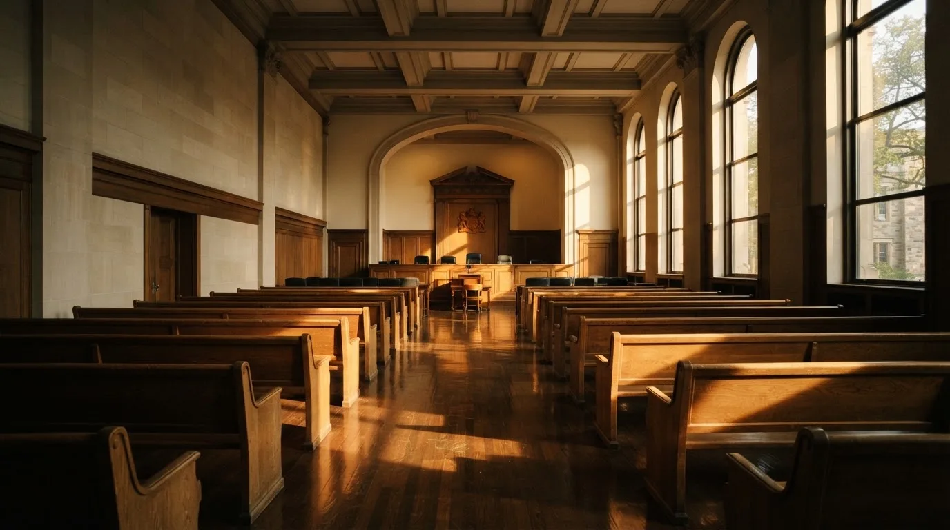 Una sala de tribunal vacía con bancos de madera a la luz de la mañana