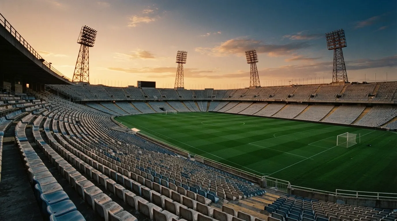 Un estadio de fútbol vacío con torres de iluminación al atardecer