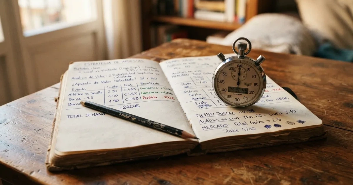 Un cuaderno abierto con un lápiz y un cronómetro sobre una mesa de madera