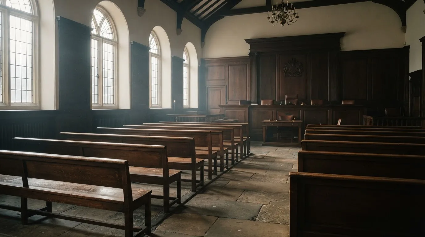 Una sala de tribunal vacía con bancos de madera a la luz de la mañana