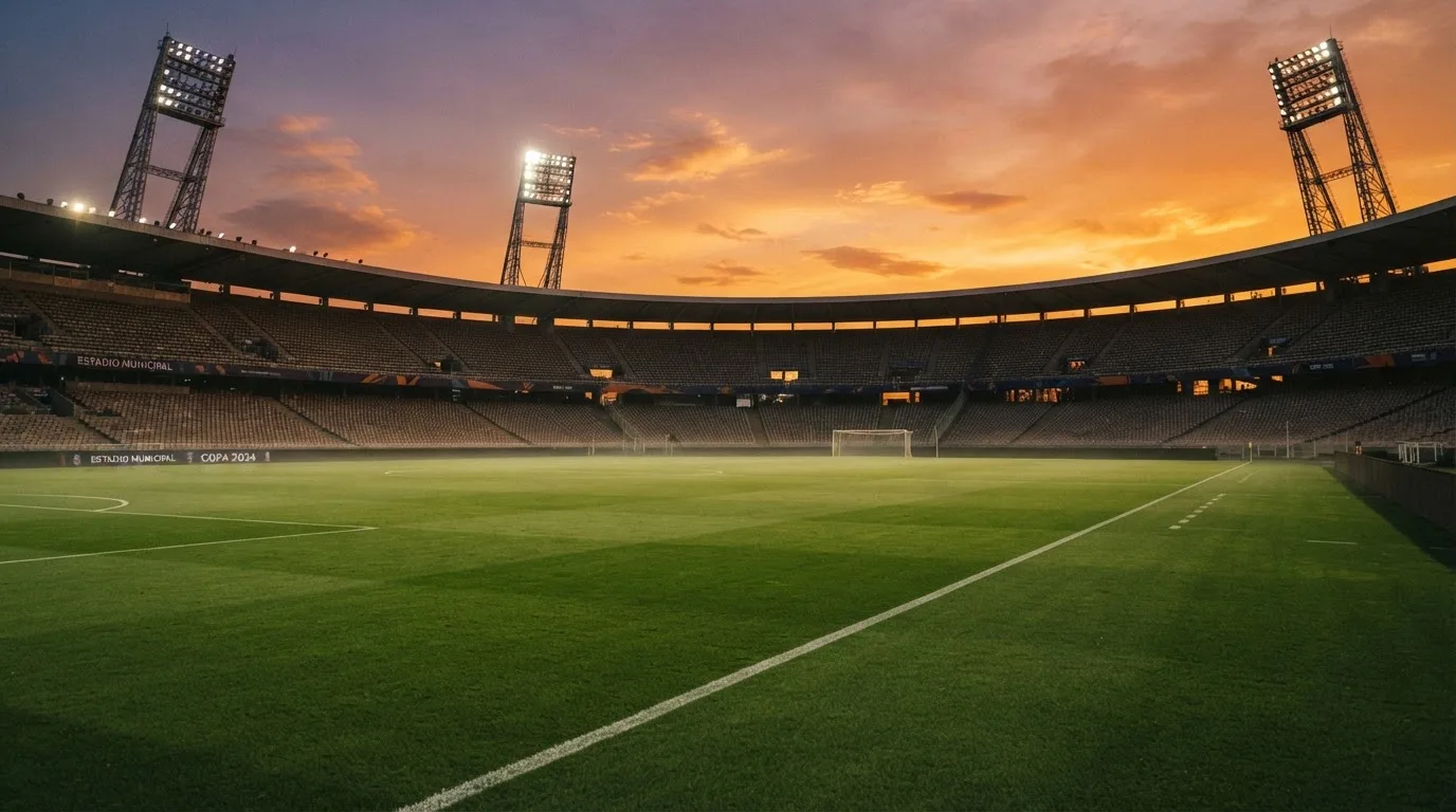Un estadio de fútbol vacío con torres de iluminación al atardecer