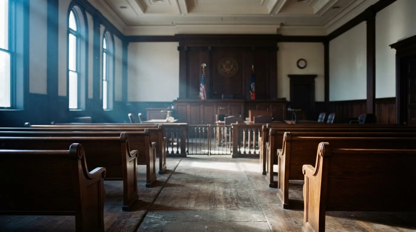 Una sala de tribunal vacía con bancos de madera a la luz de la mañana