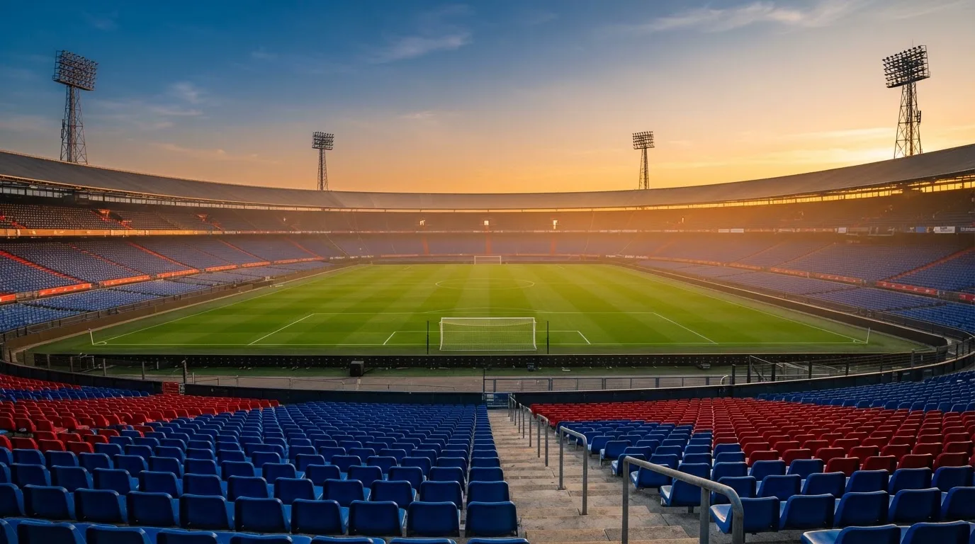 Un estadio de fútbol vacío con torres de iluminación al atardecer