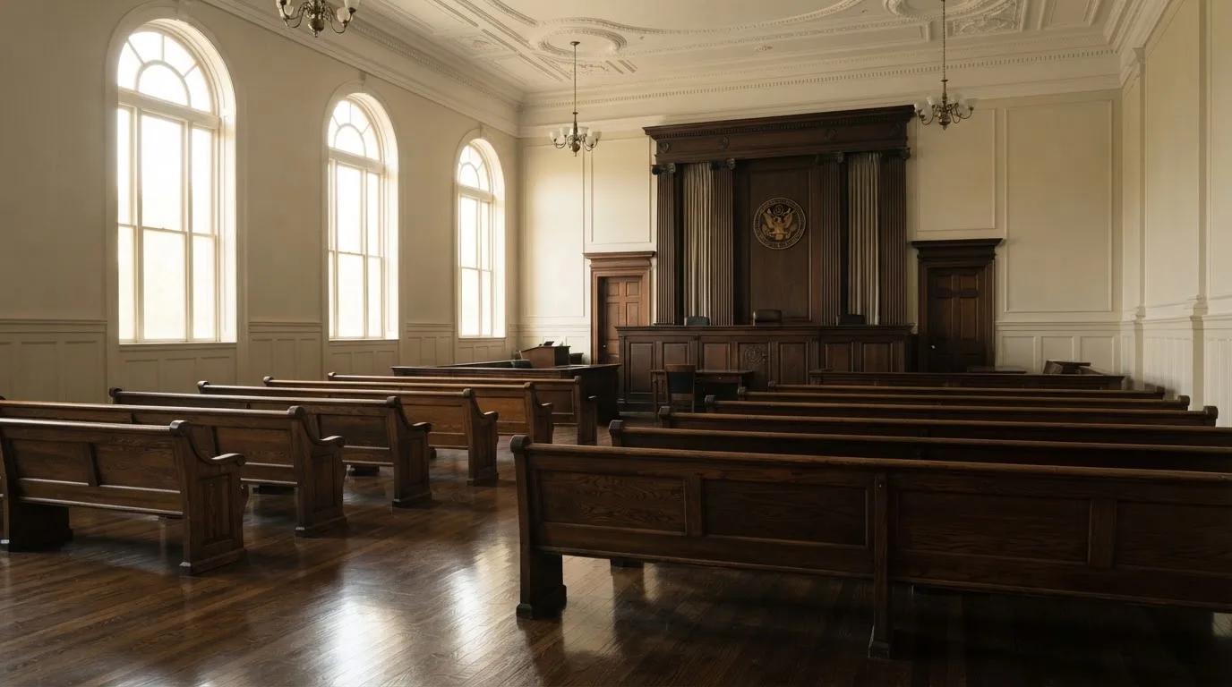 Una sala de tribunal vacía con bancos de madera a la luz de la mañana