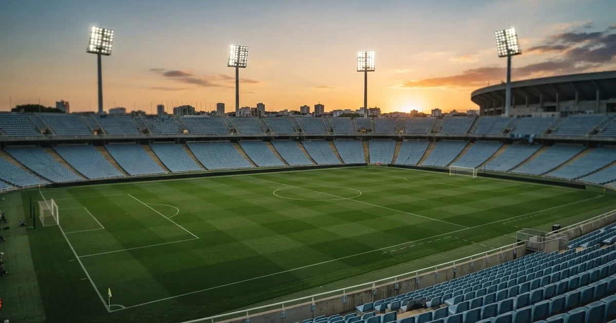 Un estadio de fútbol vacío con torres de iluminación al atardecer