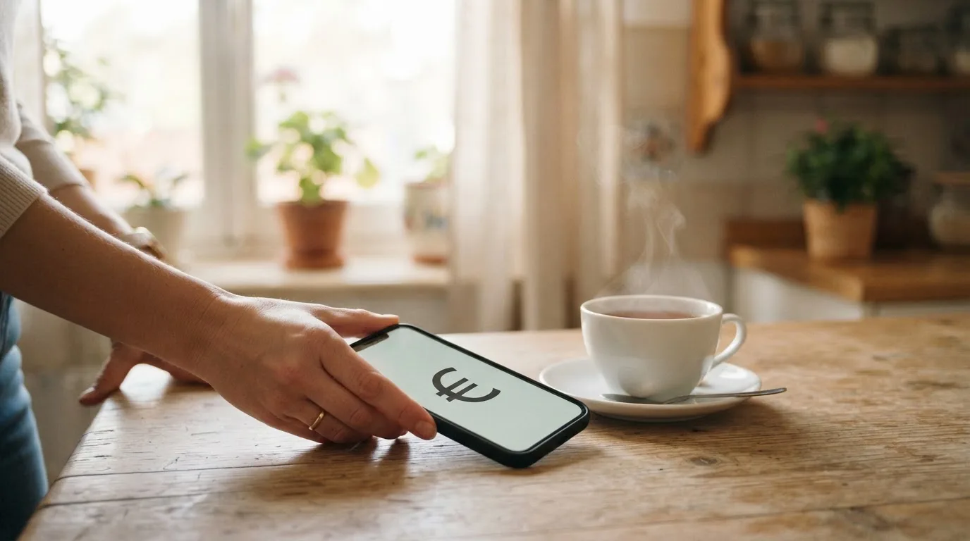Una mano deja un móvil junto a una taza de té sobre la mesa de la cocina, una tarde tranquila
