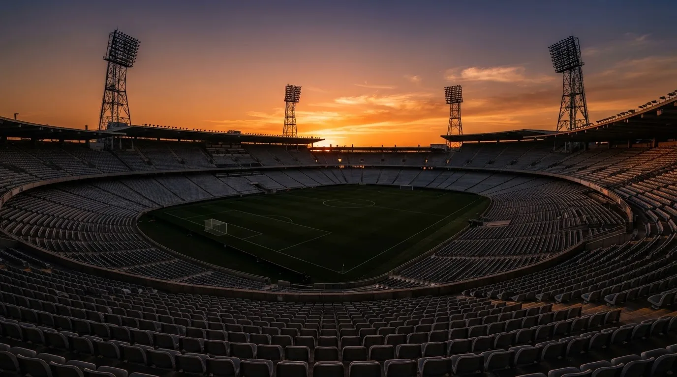 Un estadio de fútbol vacío con torres de iluminación al atardecer