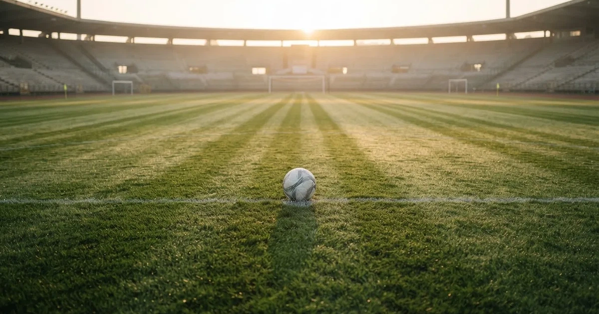 Un balón en el punto central de un campo de césped a la luz de la mañana
