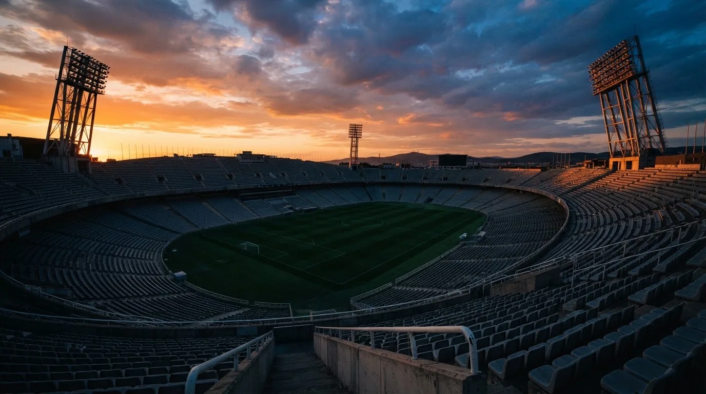 Un estadio de fútbol vacío con torres de iluminación al atardecer