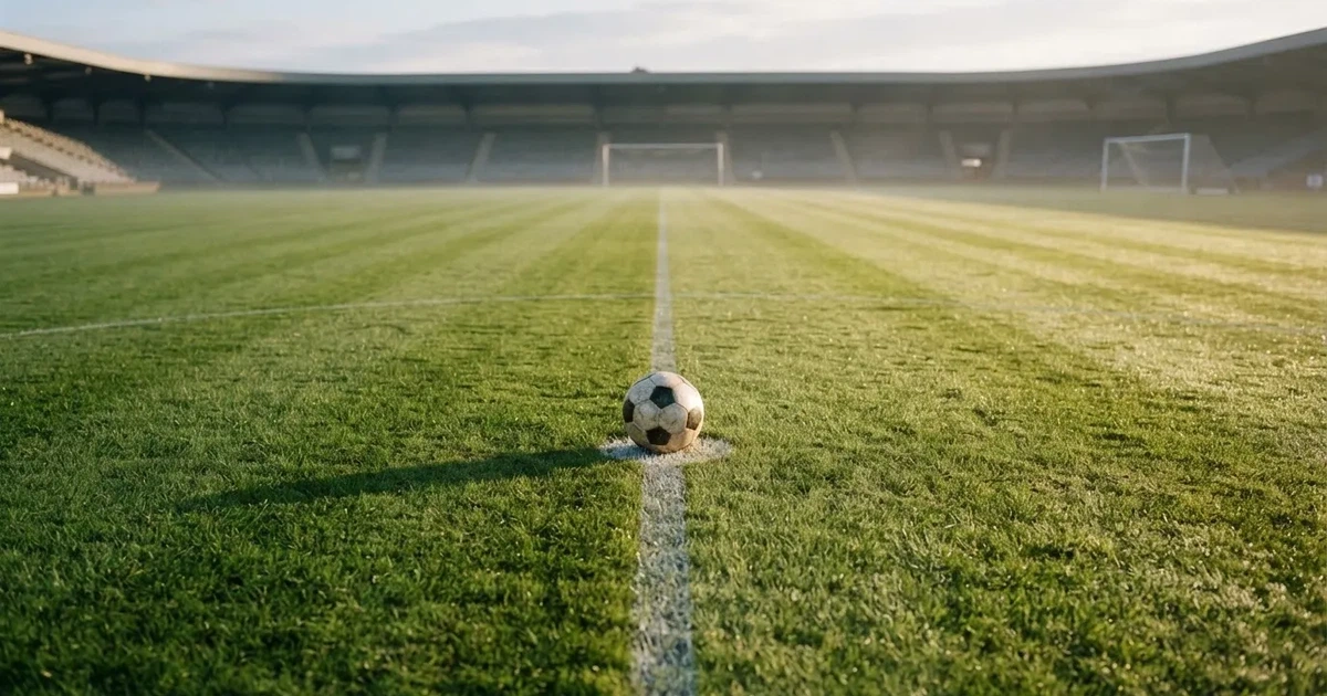 Un balón en el punto central de un campo de césped a la luz de la mañana