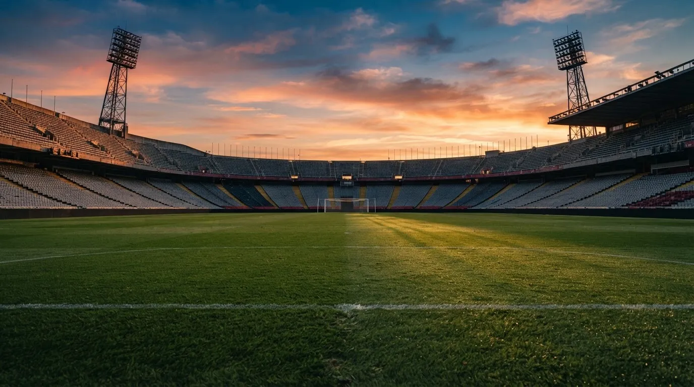 Un estadio de fútbol vacío con torres de iluminación al atardecer
