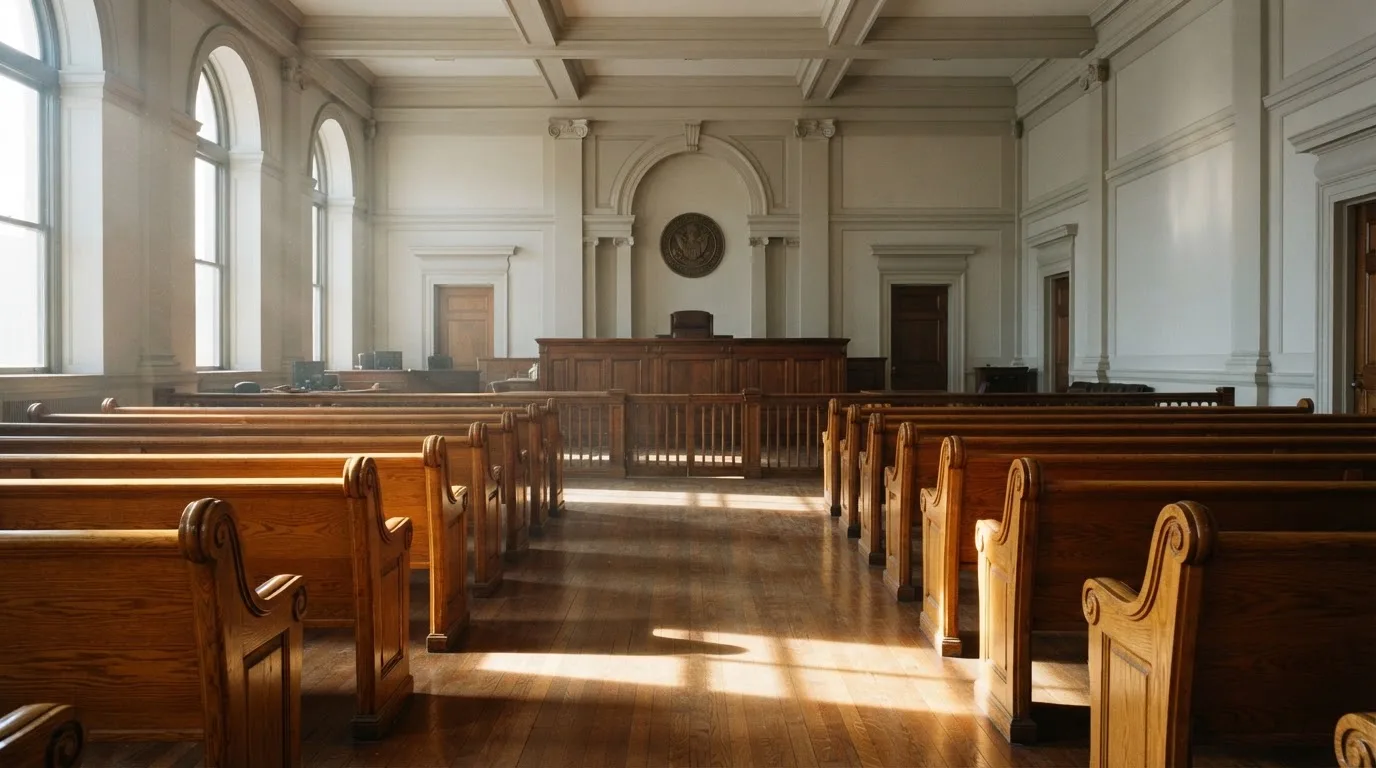 Una sala de tribunal vacía con bancos de madera a la luz de la mañana